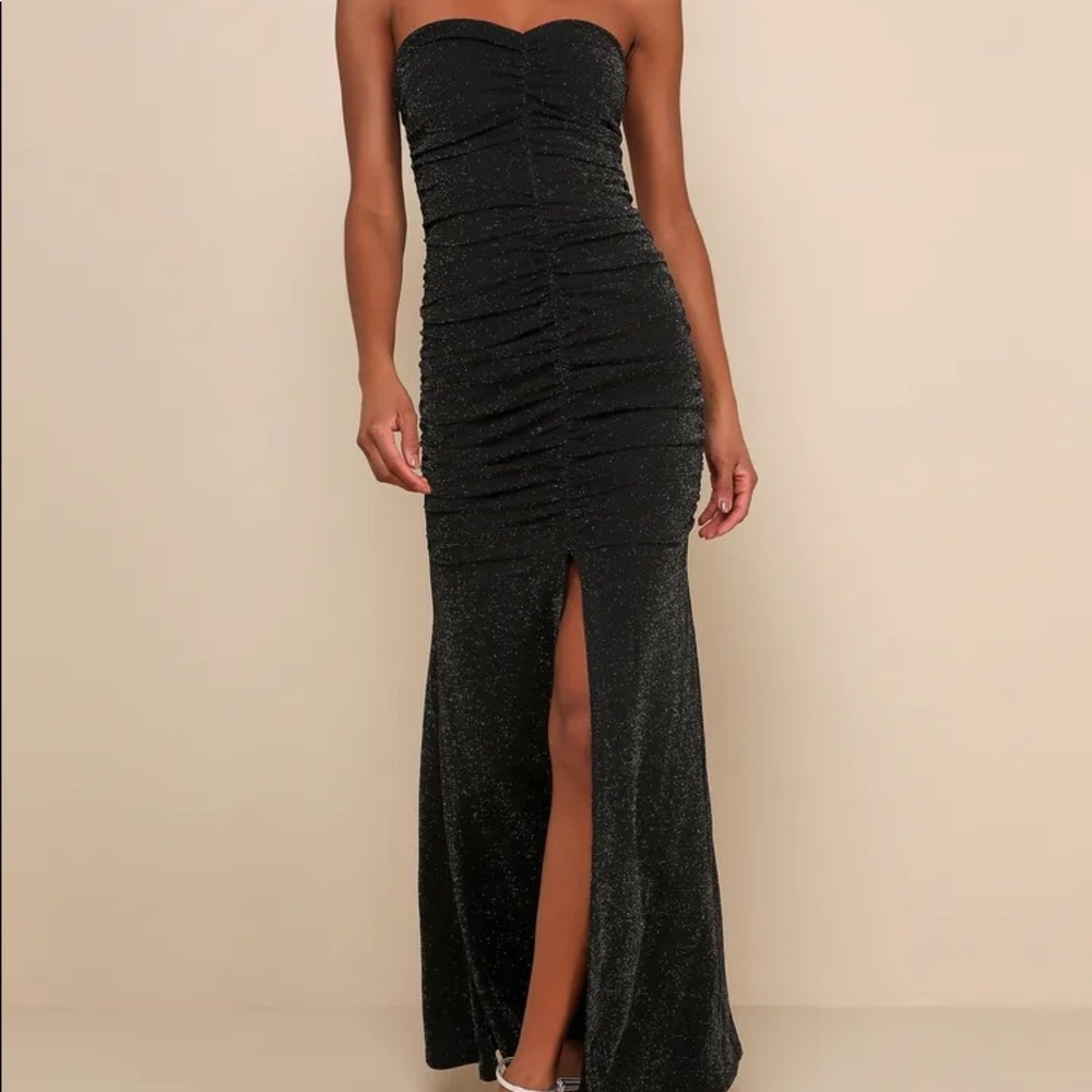 Black Glitter Ruched Strapless Maxi Dress